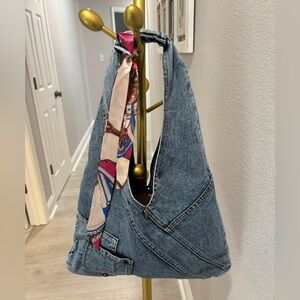 Denim Shoulder Bag with Scarf Accent